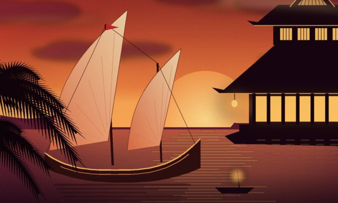 Illustrated Malabar coast at sunset with a sailing dhow and a lantern-lit pavilion